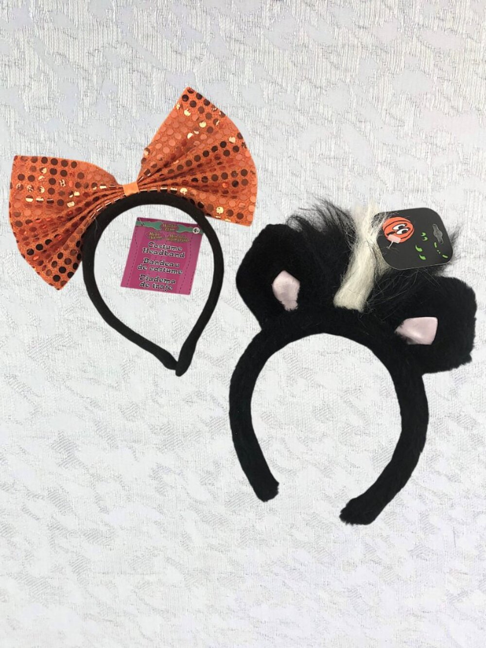 Halloween Costume Headbands (Set of 2) Skunk Ears & Big Sparkly Orange Bow NWT